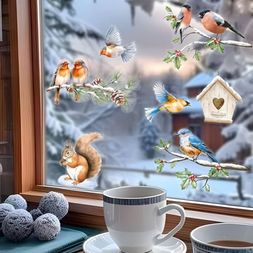 6 Vellen Double Sided Kerstram Stickers voor glas Robin Bird Window Clings Stickers voor Kerstmis Winter Seizoensgebonden Window Decoratie 3