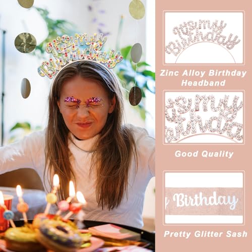 It's My Birthday sjerp met hoofdband, verjaardag sjerp tiara voor vrouwen feest kroon verjaardag koningin decoratie kit accessoires, roségoud 3