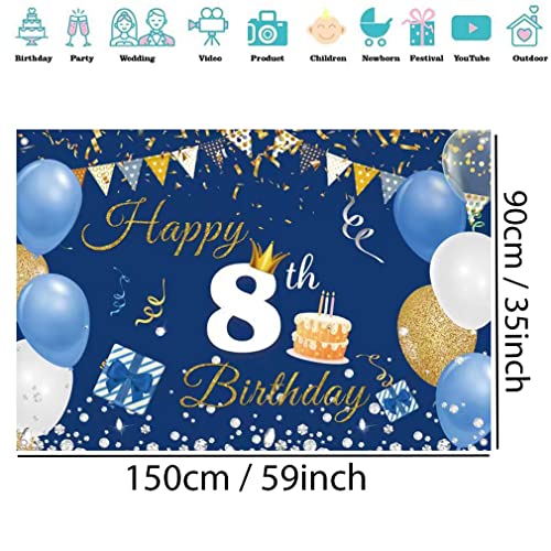 8e verjaardag decoraties voor jongen/meisje, 8 jaar oude achtergrond Banner Stof Tekenposter, Gelukkig 8e verjaardag partij levert Blue Photography Achtergrond Welkom Teken, 150cmx90cm