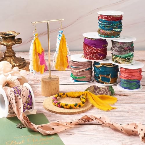 5.4m Gerecycled Sari Silk Ribbon Stof garen Ribbon Tassel voor het breien DIY Naaihaken Vrouwen armband Macrame Craft Ketting Borduren Kerstmis Decoratie (Klassieke kleur)