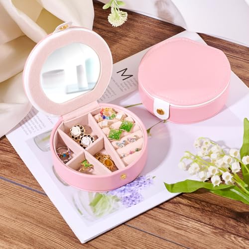 Draagbare sieraden doos met spiegel Ronde Mini lederen reis sieraden dozen ringen oorbellen geval kleine sieraden Circular Lock Organizer voor vrouw sieraden, roze