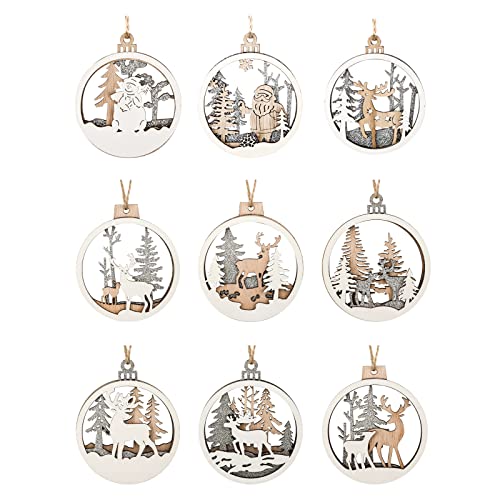 9 stuks Hangende houten kerstboom ornamenten, Ronde kerstversieringen met Elk Santa Claus Snowman Hollow Decor Farm Decoraties voor kerstboom Wintervakantie