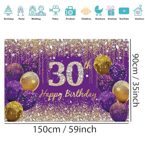 30e verjaardag decoratie voor vrouwen, paarse glitter vlekken stof teken poster verjaardag feest decoratie, 30e verjaardag achtergrond banner vrouw, 30e verjaardag feest decoratie