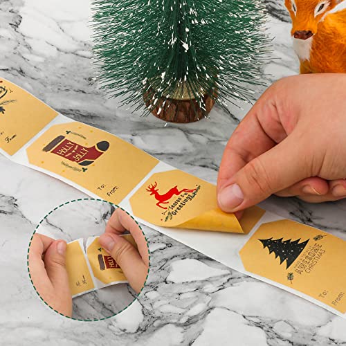 300st 5x7.5cm Zelfklevende Kerstcadeau Tags, Kraftpapier Kersttickers op rol Decoratieve Cadeaulabels Stickers voor cadeauverpakking Do-It-Yourself Crafts 4