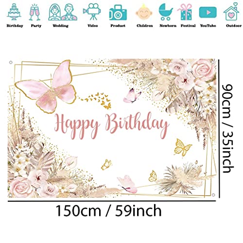 Verjaardag Decoratie, Gelukkige Verjaardag Achtergrond, Banner, Party Decoration voor meisjes, Vlinders en bloemen, Verjaardag Partij, Stof Tekenposter Verjaardag Foto Achtergrond, 150 x 90 cm
