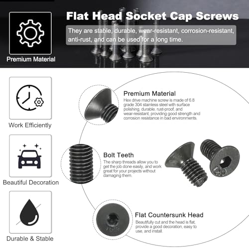 Flat Head Schroeven M3 x 6 mm, Verpakking van 100 Flat Head Schroeven met Medium Carbon Steel Hexagon Machine Schroeven, Full Thread, Black Oxide 10.9 3