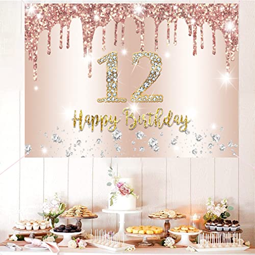 12e verjaardag meisje decoratie, twaalfde verjaardag Banner Rose Gold, gelukkig 12 verjaardag stof sign poster, 12e verjaardag achtergrond Banner meisje verjaardag partij decoratie 4