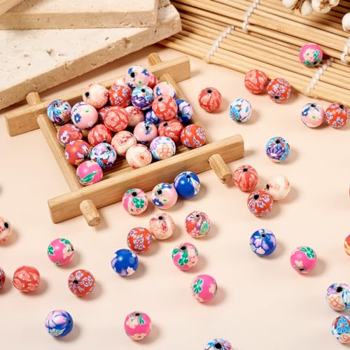 160 st. Handgemaakte Polymer klei kralen voor armbanden, 10-11mm ronde kralen met bloem patroon Diverse kralen voor sieraden maken vriendschap armband Kit DIY 4