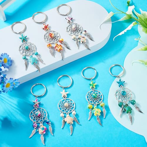 7Pcs Droomvangers Sleutelhanger Boheemse metalen veer Keychains met Turquoise Turtle Star kralen voor sieraden maken van vrouwen portemonnee handtas accessoire Craft autosleutel,, kleurrijke 4