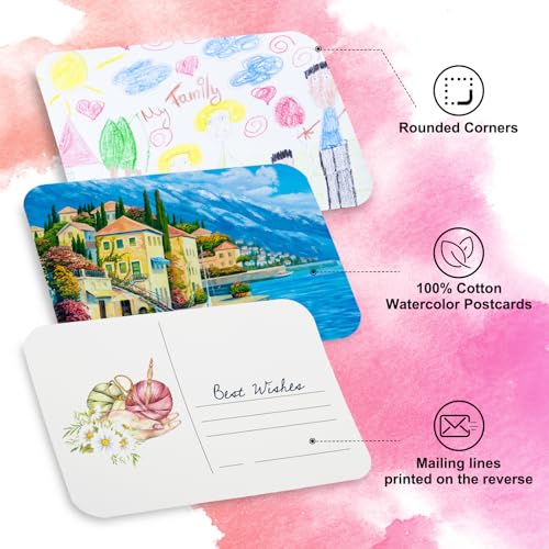 50 Vellen Aquarel ansichtkaarten, 100% Katoen 100 x 18 cm Blanco afgeronde hoeken Aquarelpapier Postkaarten Raw for Mailing Art Painting Drawing, 150lbs/300g/m2 3