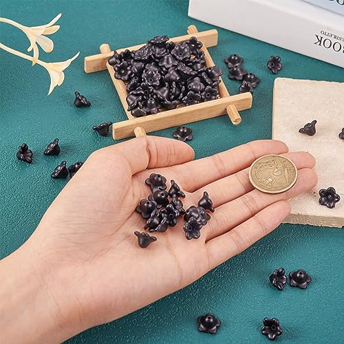 100 st. Zwarte bloem kralen caps 5-Petals Zwarte bloemen End Caps Opaque Hars Bloem kralen Cap voor DIY armband oorbellen ketting sieraden maken, Gat: 1.5mm 5