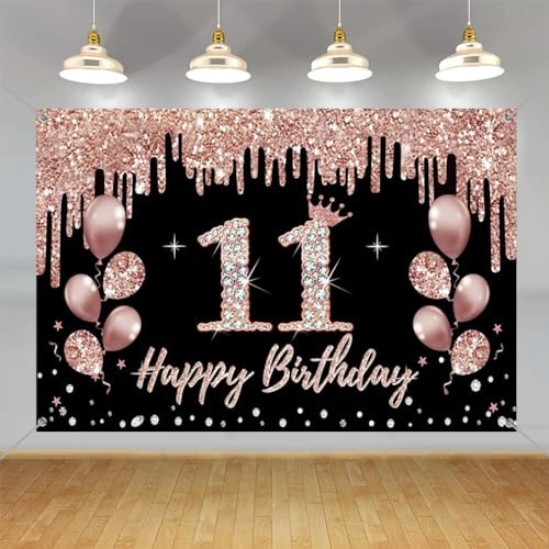 11e verjaardag decoraties voor meisjes, feest decoratie zwart en roos goud, 11e verjaardag stof teken opknoping poster, 11e verjaardag achtergrond banner partij welkom teken