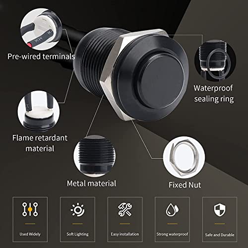 5 st 12mm Knop Waterdichte metalen drukknopschakelaar Roestvrij staal 12V Onmiddellijke duwschakelaar voor Horns Bell Auto Rond Mini Drukknop (Flat Head) Zwart 4