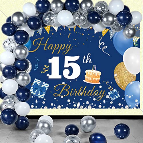 15e Verjaardag Decoraties voor jongens / meisje, 15 jaar oude achtergrond Banner Stof Tekenposter, Gelukkig 15e Verjaardag Partij levert Blauwe Fotografie Achtergrond Welkom Teken, 150cmx90cm 3