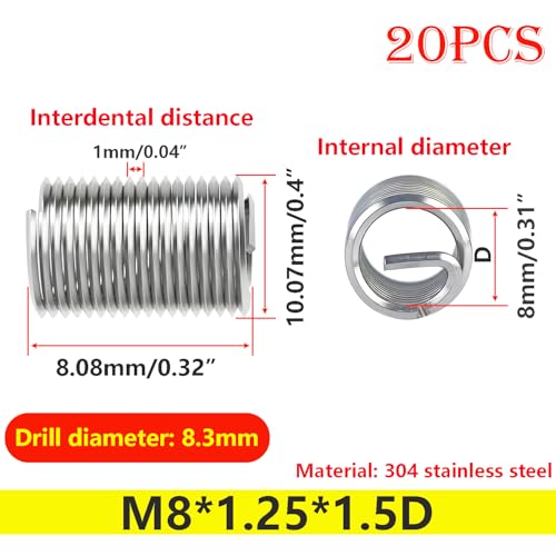 20 st Thread Insert, Thread Insert, M8 x 1,25mm x 1.5D Thread Insert, Roestvrij stalen draad Insert