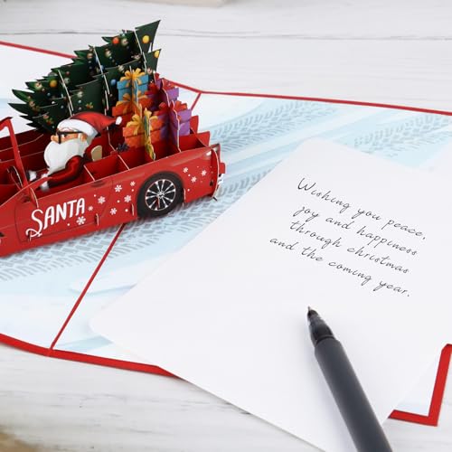 Kerstkaart met Envelop Kerstman Groetkaart Grappig 3D-kaart Decoratie Rode Truck met kerstboom voor Kerstmis Winter Vakantie 4