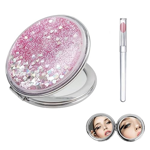 Compacte spiegel, Mini-vouwen Dubbelzijdige make-up spiegel reizen met multi-functionele lippenborstel, draagbare ronde zak spiegel voor handtas vrouwen meisjes mama verjaardag geschenk