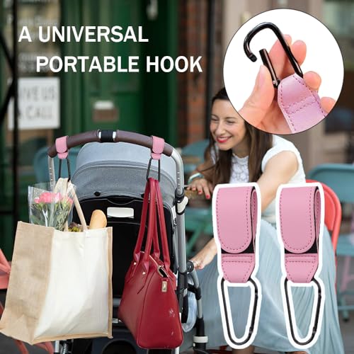 4Stuks kinderwagen Hook Clips, lederen stijl Pram Hooks 360 Degree draaibare Baby kinder kinder kinderwagen Hooks Heavy Duty kinderwagen Hook Clips Universele Buggy Clips voor rugzak luiertas handtas (Roze) 3