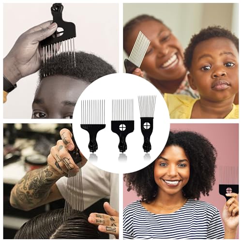 3 stuks metaal Afro Comb, metalen haar picking Combs brede tandenhaar picking Comb Afro Pick Comb Set Professionele kappers styling tool voor krullende kapsalon kapsel vrouwen en mannen (zwart) 5
