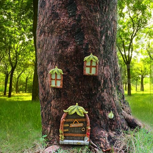 Fairy Deur & Window Set, Glow window Deur Decoratie voor Boom Glow in the Dark Hars Miniatuur Fairy Tuin Gazon Ornament Art Sculptuur Outdoor Decoratie