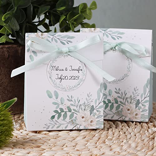 Verpakking van 50 bruiloft geschenkdozen 8 x 4 x 10 cm met groen blad ontwerp inclusief cadeauhangers en linten, kleine geschenkdozen voor bruiloft gast geschenk doop geschenk doos etc 3