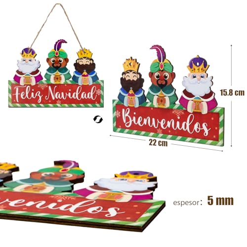3 x Caetelli Houten kerstdecoratie Lettering Bienvenidos & Feliz Navidad Spaans