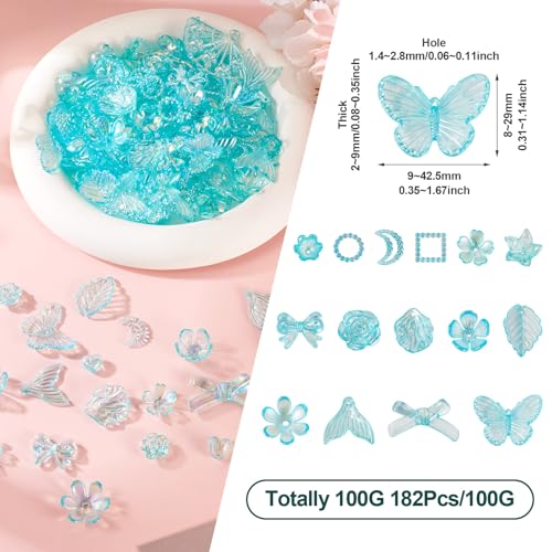 100g diverse acryl kralen bloem kraal caps boeg vlinder zeemeermin staart blad esthetische ambachtelijke kralen bulk voor vriendschap armband sieraden maken, bleke turquoise 3