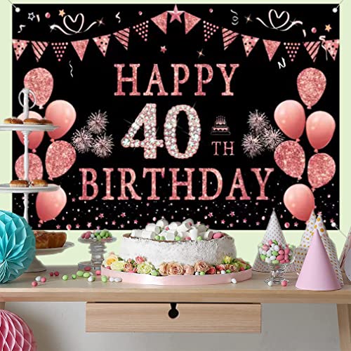 Happy 40th Verjaardagsfeest decoratie achtergrond Banner voor vrouw Gelukkig 40 jaar oude stof Tekenposter, Glitter Rose Fotografie Achtergrond 40e verjaardagstabel Decoratie, 150cmx90cm 3