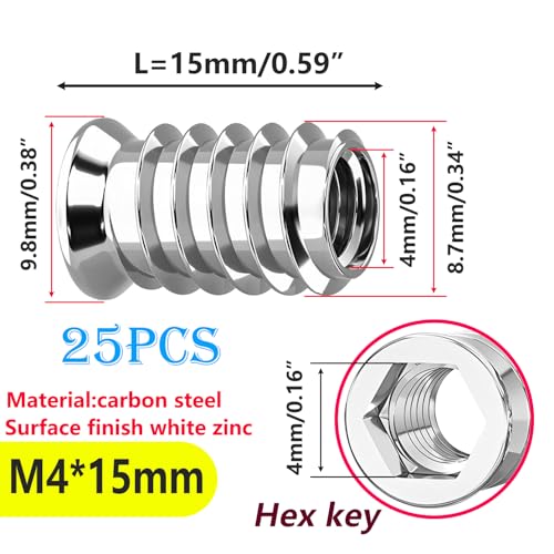 25 st Thread Nuts, M4*15mm Hout Thread Insert, Hex Nuts voor houten meubelen, Countersunk Carbon Steel Hex Schroef
