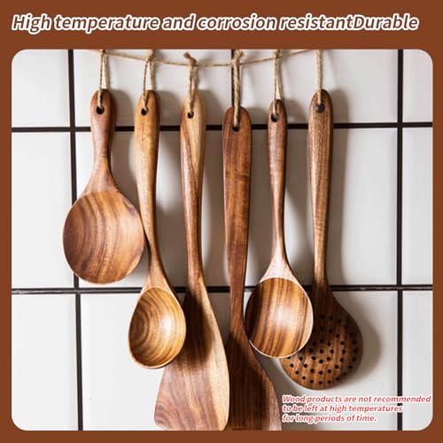 Houten keukenset, houten keukengerei voor koken, 6-Piece keukengerei met houder, houten spatula met gat, kooklepel, spatula, slaafvork voor beginners en kookliefhebbers 4