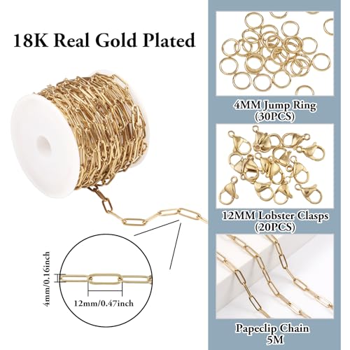 5m 304 Roestvrij stalen ketting kettingen Gold Paperclip Link ketting met 20 st. Lobster Claw sluitingen 30 st. Jump Rings voor sieraden maken 3