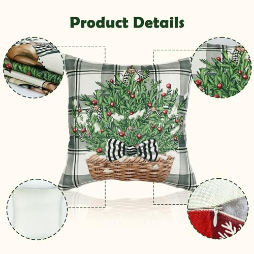 Set van 4 Kussenhoesjes Kerst - Snowman Rendier Kerst Decoratie Linnen Kussenkussens 40 x 40 cm, Geschikt voor Slaapkamer, Bank, Woonkamer, Kantoor, Kussenhoes (Grey Grid) 3