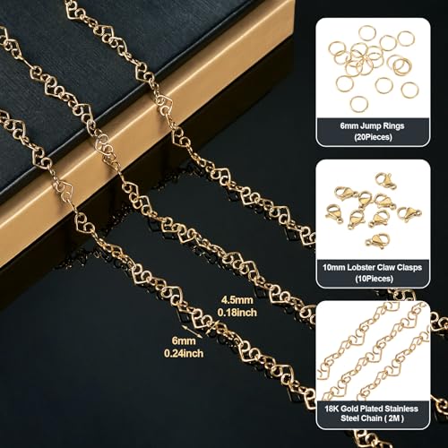 2M Real 18K Gold Plated Heart Link Kettingen 6x4.5x0.5mm RVS ketting met Claw Clasps Jump Ringen voor ketting armband sieraden maken 5