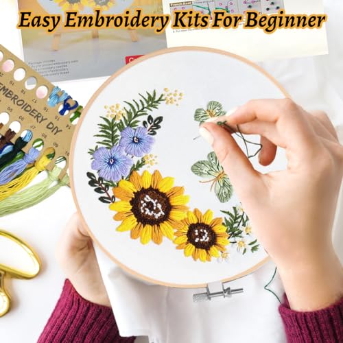Borduurwerk Kits voor volwassenen, Beginners, Zonnebloem vlinder patroon borduren Starter Kit Eenvoudige Cross Stitch Kits met borduurwerk Kleding en Hoop, Naalden, Gekleurde Threads en instructie