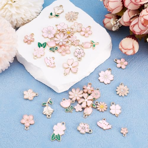 19 Styles Flower Shape Emaill hangers Tulip Sakura Flower Charms Roze Cute Petal Dangle Zoek voor DIY handgemaakte oorbellen ketting armband sieraden maken, Legering staal, Legering staal 4