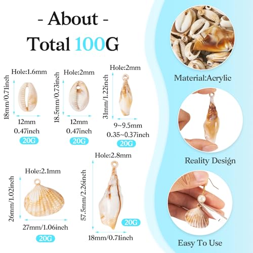 5 stijlen Shell Shape acryl hangers 100g Cowrie Shell Shell Charms Strand Vibe Seashell Bedels voor DIY oorbellen ketting sieraden maken, acryl, acryl 5