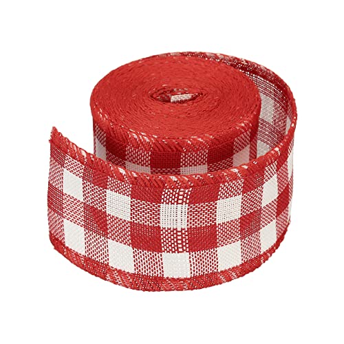 6 inch breed 6.5m polyester gingham lint bedraad rand lint, 1 verpakking voor Kerstmis decoratie verpakking rood en wit 3
