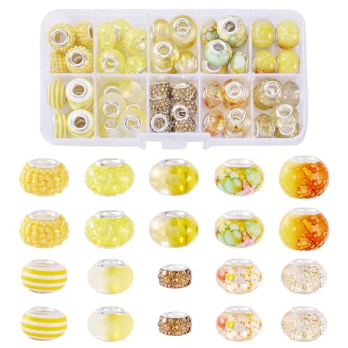 64 st. Hars Europese kralen Clay Rhinestone Grote Gat kralen gele Rondelle Grote Spacer Kralen Platinum Core Bulk voor DIY armband ketting sieraden maken