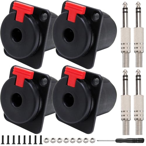 6,35 mm (1/4 inch) Paneel inbouw Socket, 1/4 Inch Stereo Audio Jack en Mono/TRS en TS met 6,35mm dikke 6,35mm Mono TRS Solder Plug (Pack of 4)