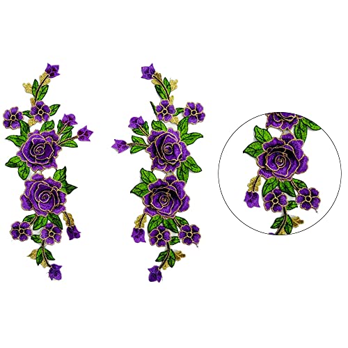 2 st Borduurwerk Kleding Stickers Rose Flowers Multi-Color Floral Stage kostuum jurk Kleding Accessoires Borduren Patches Handsewn Corsage-Purple