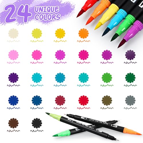 Penseel Pen Lettering 24 Kleuren - Vilt Tip Pennen met grote fijne tip, Dual Tip Pen Stabilo, Kleurrijke Pennen voor aquarelkleuren, voor dagboek, schilderen, kleuren