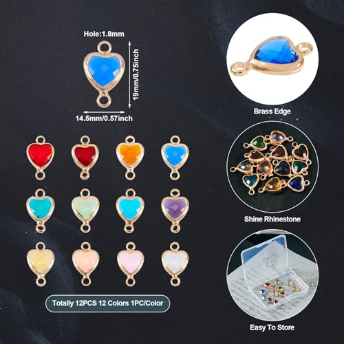 12 st Heart Rhinestone Charms Assorted Color Glass Link Charms Sweetheart Connectors met dubbele lusjes voor sieraden Craft ketting armband DIY vrouwen oorring accessoire decoratie, metaal 5