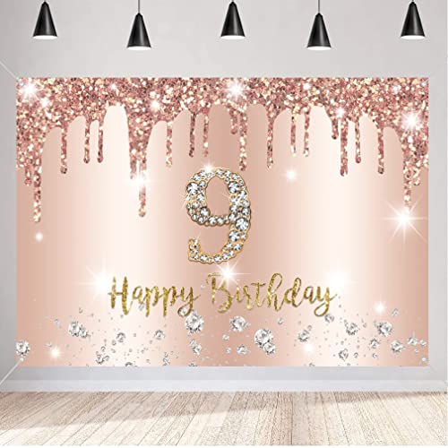 9e verjaardag decoratie Meisje Banner Rose Gold, Gelukkig 9 Verjaardag Stof Tekenposter, 9e Verjaardag Achtergrond Banner Meisje Verjaardag Party Decoratie