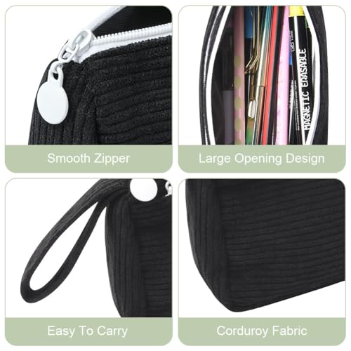 Corduroy Pencil Case, grote capaciteit Pencil Case, Stijlvol Eenvoudige Pencil Case met rits en handvat, Make-up Bag, Stationery Pouch voor tieners Jongens Meisjes School, Black, Corduroy 3