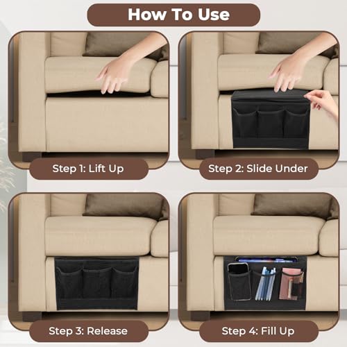 Bedside Storage Bag 4 Zakken, Bed Caddy, Oxford Kleding, Bedside Organizer, Bank, Bedside Table, Opknoping houder, Bed Plank, Pouch voor glazen, Boeken, Tablets, TV afstandsbediening (4 Zakken 5