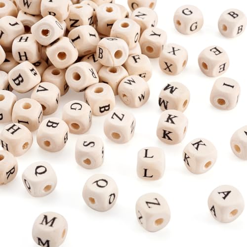 100 st. Natuurlijke houten brief kralen 10mm grote gat kubus spacer kralen houten alfabet kralen voor DIY ketting oorbellen armbanden Sleutelkettingen Sieraden maken