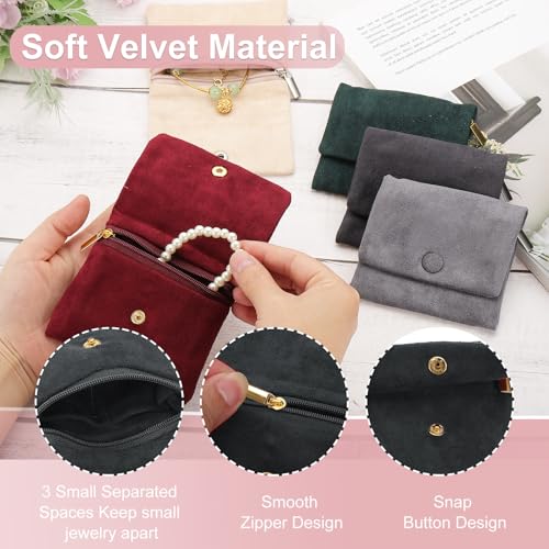 Reis Sieraden Tassen, 2 stuks Zachte draagbare kleine fluwelen sieraden Tassen met snap knop rits voor oorbellen ketting armbanden opslag reizen donker grijs 4x4 inch 3