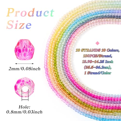 10 Strands 2mm Glas gefacetteerde ronde kralen, kleur kleur kristalglas Losse kralen voor DIY ambachten armband sieraden maken 3