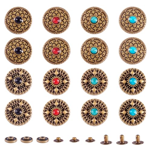 16 Sets Turkoois Quick Rivets Persknoppen Antiek brons lederen knop Decoratieve Rivets voor Purse handtas Schoenen Lederen Craft Kleding Belt