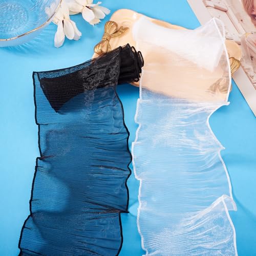 2 stuks zeemeermin Polyester Lints Kant Edges 120mm Organza Trimmen iriserende sprankelende visstaart garen voor boeket onkruid decor Cadeauverpakking Decoratieve kleding, zwart / wit 3